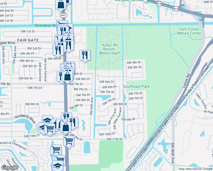 map of restaurants, bars, coffee shops, grocery stores, and more near 5111 Southwest 6th Court in Margate
