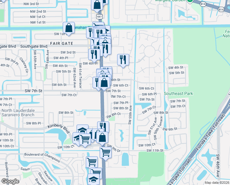map of restaurants, bars, coffee shops, grocery stores, and more near 5542 Southwest 6th Court in Margate