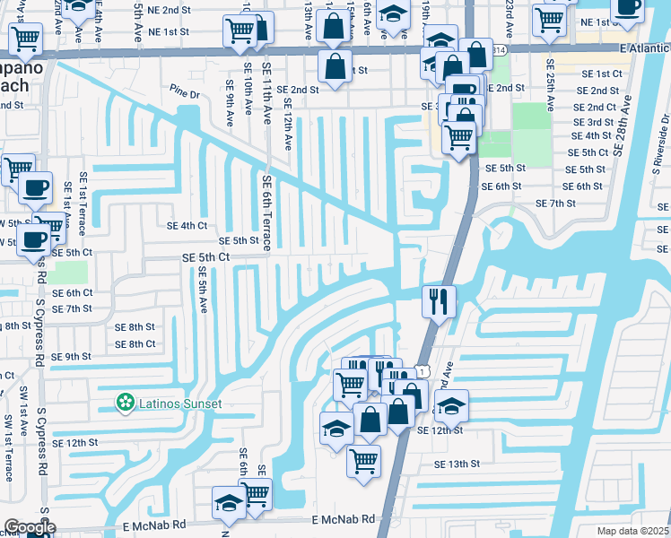map of restaurants, bars, coffee shops, grocery stores, and more near 520 Southeast 9th Avenue in Pompano Beach