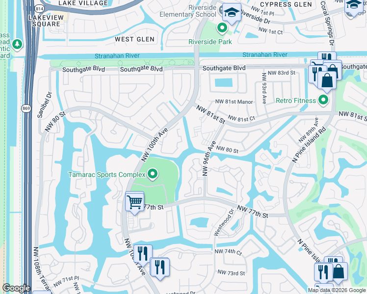 map of restaurants, bars, coffee shops, grocery stores, and more near 8050 North Nob Hill Road in Tamarac