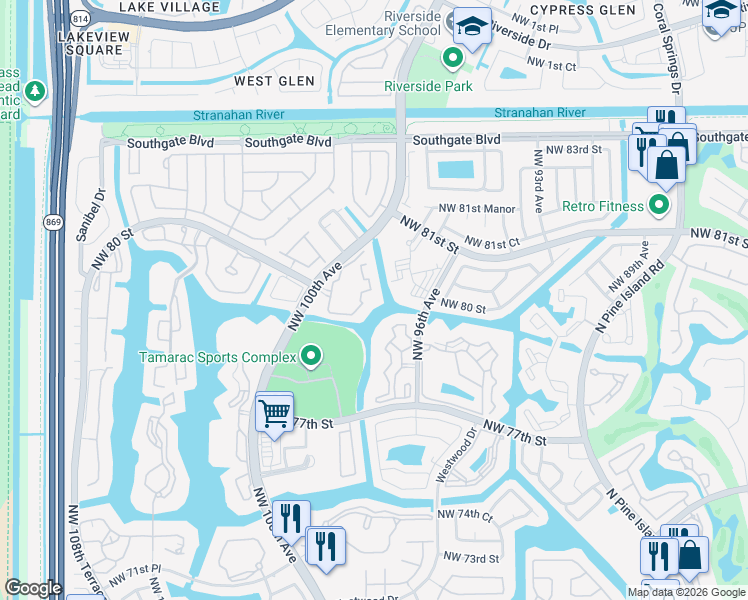 map of restaurants, bars, coffee shops, grocery stores, and more near 8050 North Nob Hill Road in Tamarac