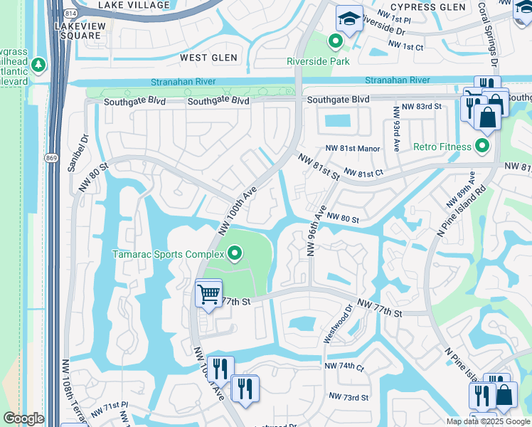 map of restaurants, bars, coffee shops, grocery stores, and more near 8050 North Nob Hill Road in Tamarac