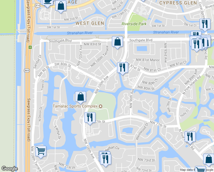 map of restaurants, bars, coffee shops, grocery stores, and more near 8000 North Nob Hill Road in Tamarac