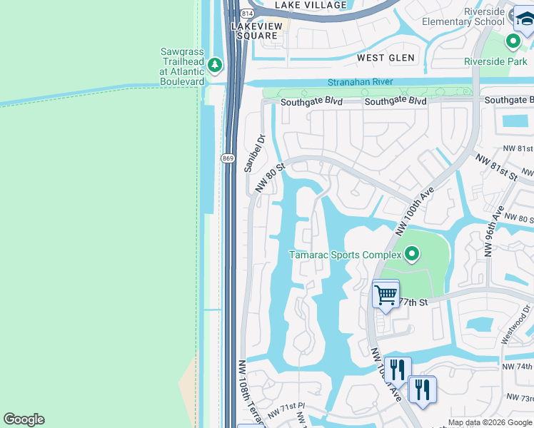 map of restaurants, bars, coffee shops, grocery stores, and more near 7715 Trent Drive in Tamarac