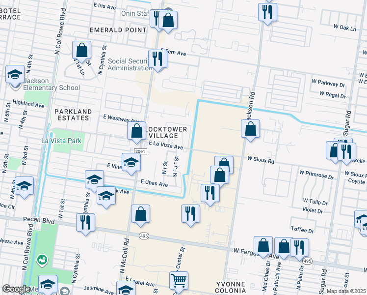 map of restaurants, bars, coffee shops, grocery stores, and more near 2412 North J Street in McAllen