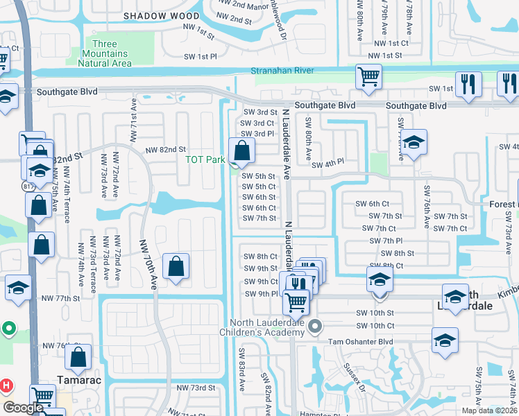 map of restaurants, bars, coffee shops, grocery stores, and more near 8150 Southwest 6th Street in North Lauderdale