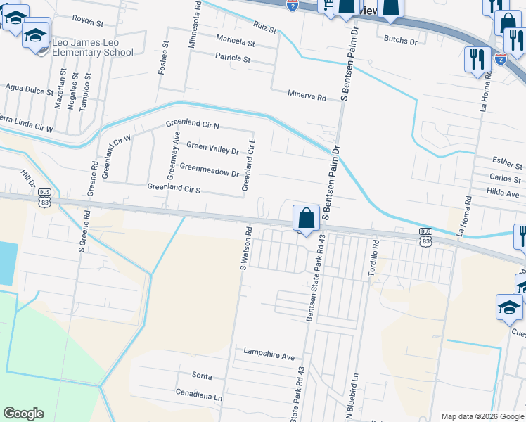 map of restaurants, bars, coffee shops, grocery stores, and more near 1202 East Loop 374 in Palmview
