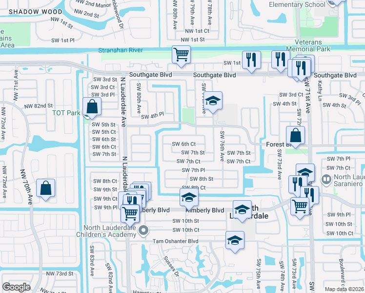 map of restaurants, bars, coffee shops, grocery stores, and more near 7806 Southwest 6th Street in North Lauderdale