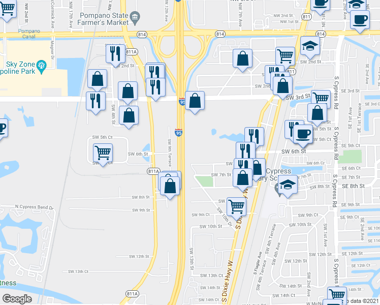 map of restaurants, bars, coffee shops, grocery stores, and more near 861 Southwest 6th Street in Pompano Beach
