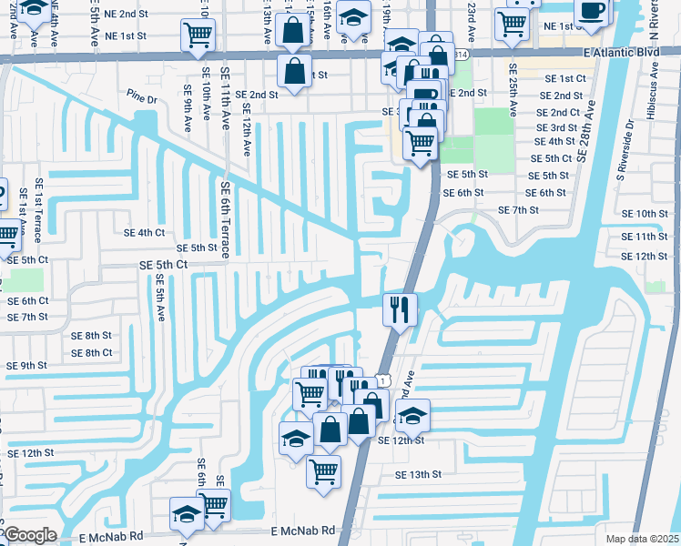 map of restaurants, bars, coffee shops, grocery stores, and more near 1100 Southeast 5th Court in Pompano Beach