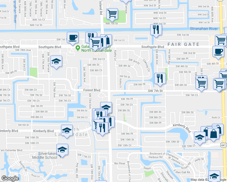 map of restaurants, bars, coffee shops, grocery stores, and more near 671 Kathy Lane in Margate