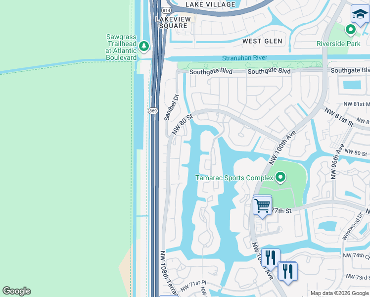 map of restaurants, bars, coffee shops, grocery stores, and more near 7782 Trent Drive in Tamarac