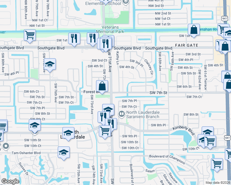map of restaurants, bars, coffee shops, grocery stores, and more near 671 Kathy Lane in Margate