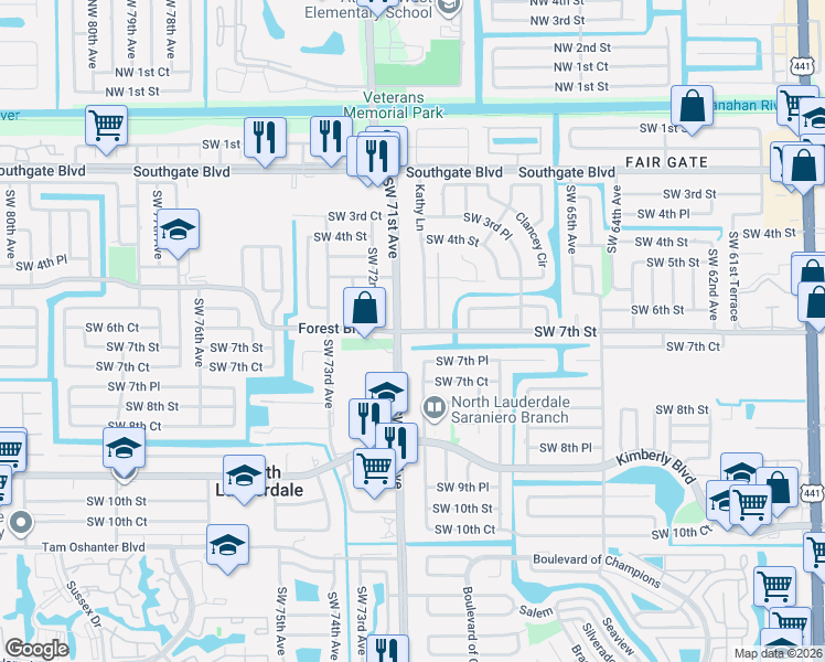 map of restaurants, bars, coffee shops, grocery stores, and more near 6945 Southwest 7th Street in Margate