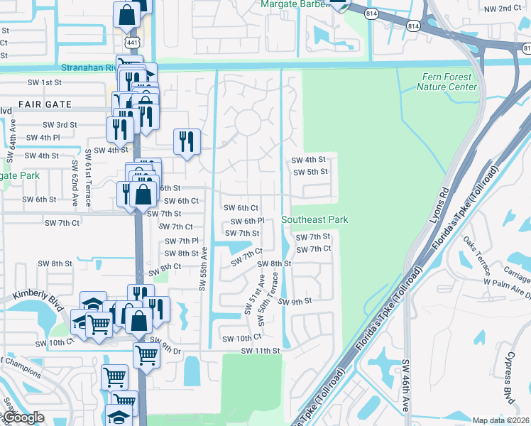 map of restaurants, bars, coffee shops, grocery stores, and more near 640 Southwest 51st Avenue in Margate