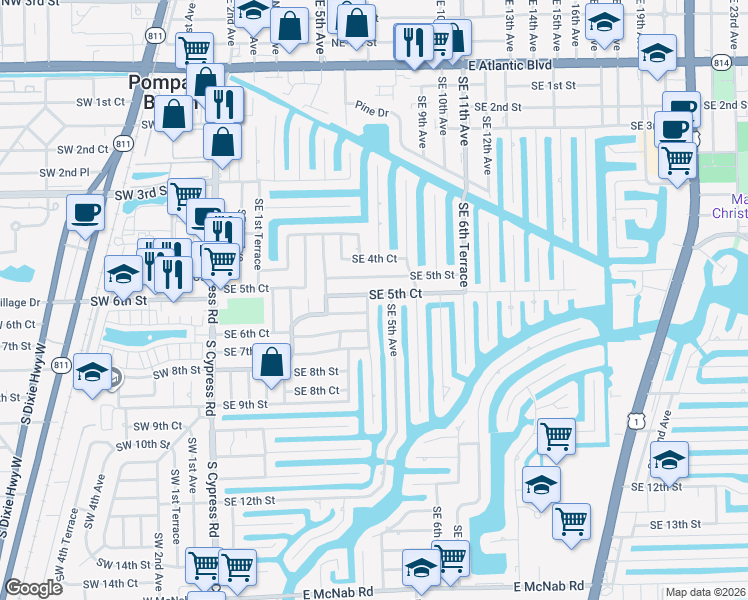 map of restaurants, bars, coffee shops, grocery stores, and more near 421 Southeast 5th Court in Pompano Beach