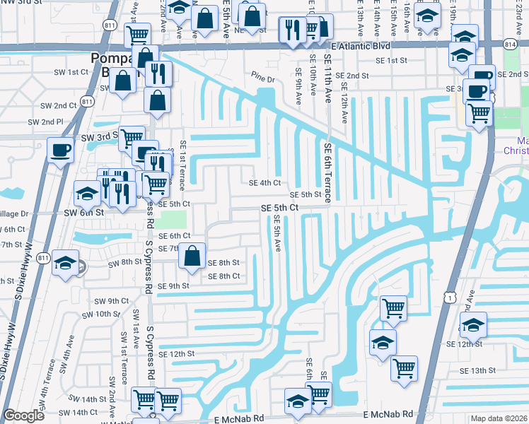 map of restaurants, bars, coffee shops, grocery stores, and more near 421 Southeast 5th Court in Pompano Beach