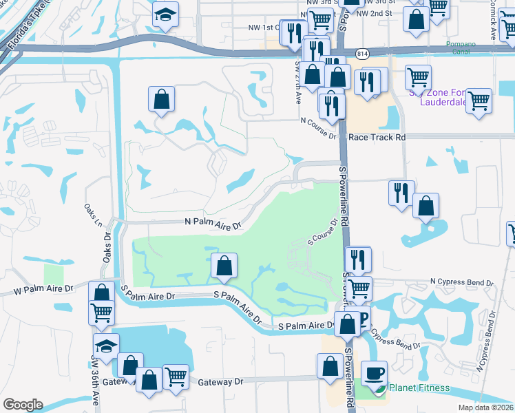map of restaurants, bars, coffee shops, grocery stores, and more near 2850 North Palm Aire Drive in Pompano Beach