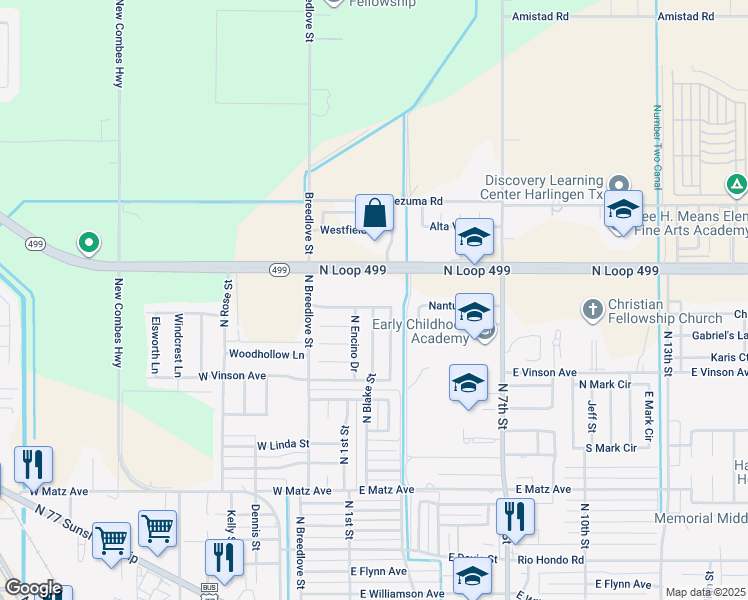 map of restaurants, bars, coffee shops, grocery stores, and more near 103 North Loop 499 in Harlingen