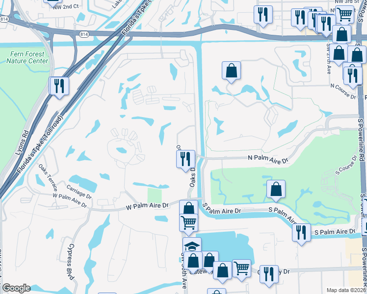 map of restaurants, bars, coffee shops, grocery stores, and more near 550 Oaks Lane in Pompano Beach