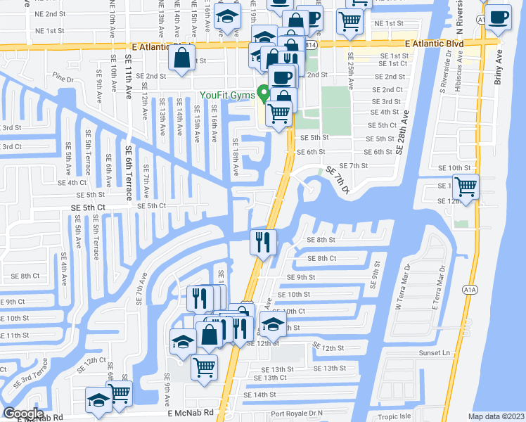 map of restaurants, bars, coffee shops, grocery stores, and more near 777 South Federal Highway in Pompano Beach