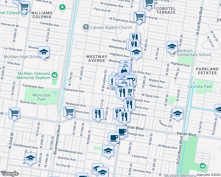 map of restaurants, bars, coffee shops, grocery stores, and more near 1202 Upas Avenue in McAllen