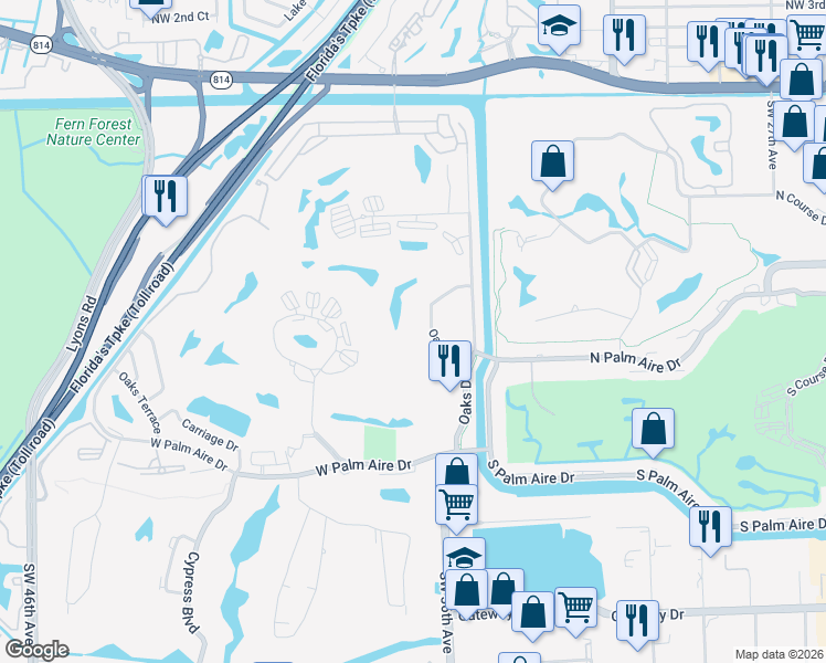 map of restaurants, bars, coffee shops, grocery stores, and more near 565 Oaks Lane in Pompano Beach