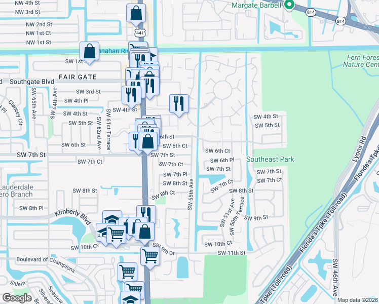 map of restaurants, bars, coffee shops, grocery stores, and more near 5500 Southwest 6th Court in Margate