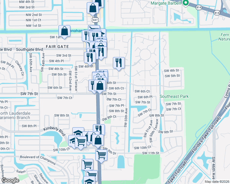 map of restaurants, bars, coffee shops, grocery stores, and more near 5542 Southwest 6th Court in Margate