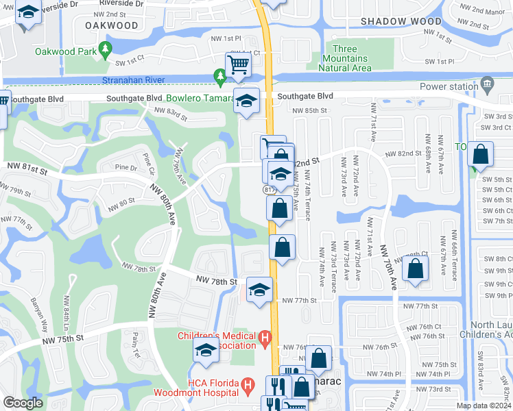 map of restaurants, bars, coffee shops, grocery stores, and more near 8171 North University Drive in Tamarac