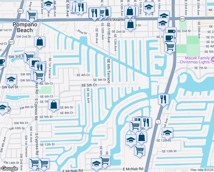 map of restaurants, bars, coffee shops, grocery stores, and more near 601 Southeast 5th Court in Pompano Beach