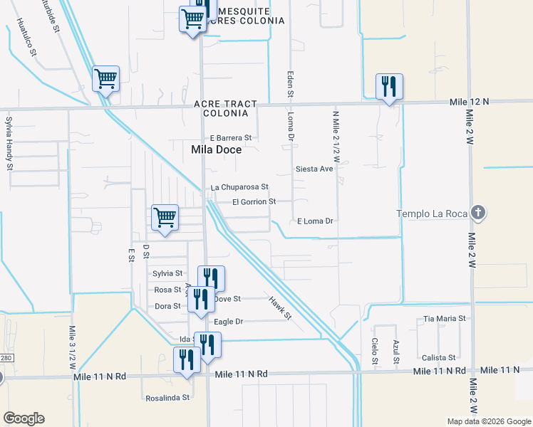 map of restaurants, bars, coffee shops, grocery stores, and more near 3717 La Godornis in Mercedes