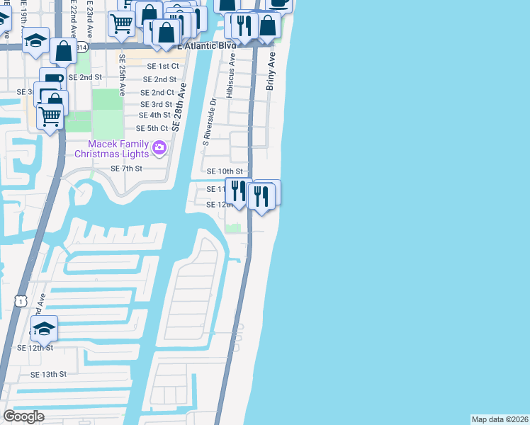 map of restaurants, bars, coffee shops, grocery stores, and more near 3424 Southeast 12th Street in Pompano Beach