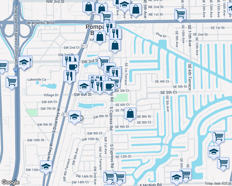 map of restaurants, bars, coffee shops, grocery stores, and more near 45 Southeast 5th Court in Pompano Beach