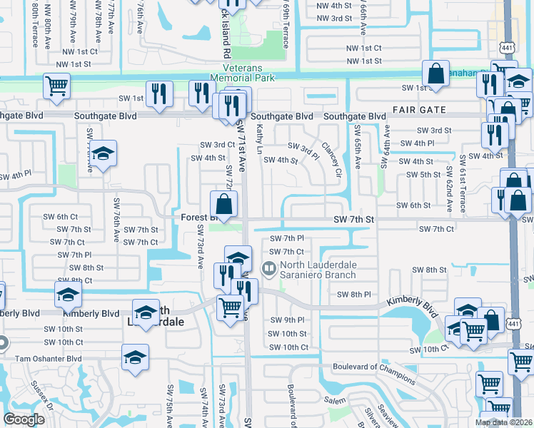 map of restaurants, bars, coffee shops, grocery stores, and more near 6951 Southwest 7th Street in Margate