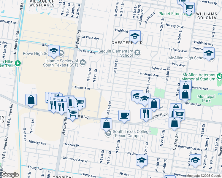 map of restaurants, bars, coffee shops, grocery stores, and more near 3100 Quince Avenue in McAllen