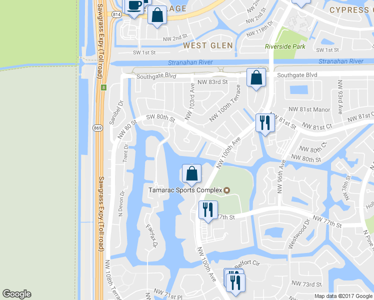 map of restaurants, bars, coffee shops, grocery stores, and more near 7865 Exeter Boulevard East in Tamarac