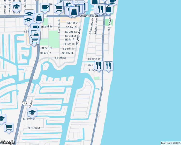 map of restaurants, bars, coffee shops, grocery stores, and more near 3208 Southeast 12th Street in Pompano Beach
