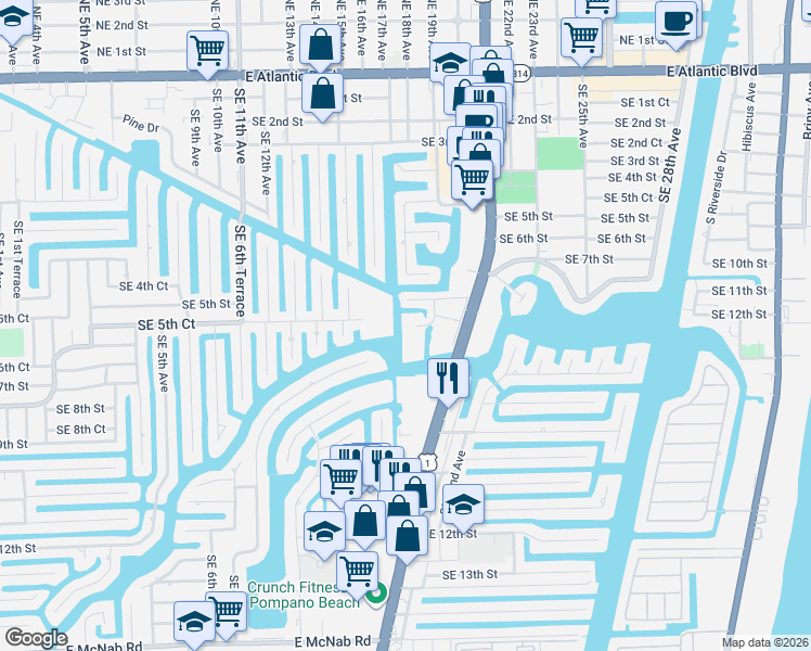 map of restaurants, bars, coffee shops, grocery stores, and more near 777 South Federal Highway in Pompano Beach