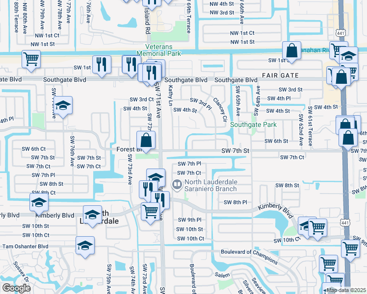 map of restaurants, bars, coffee shops, grocery stores, and more near 674 Kathy Court in Margate