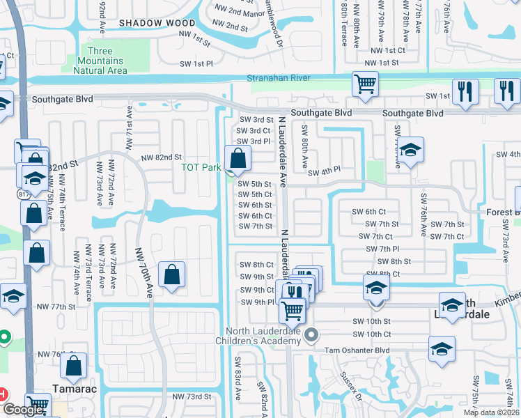 map of restaurants, bars, coffee shops, grocery stores, and more near 8150 Southwest 6th Street in North Lauderdale