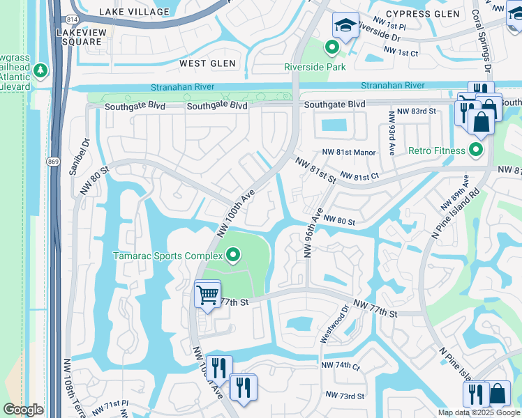 map of restaurants, bars, coffee shops, grocery stores, and more near 8000 North Nob Hill Road in Tamarac