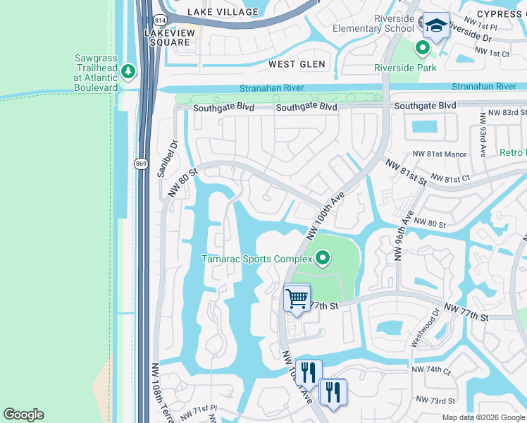 map of restaurants, bars, coffee shops, grocery stores, and more near 7865 Exeter Boulevard East in Tamarac