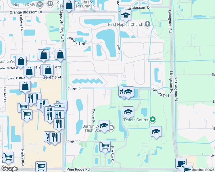 map of restaurants, bars, coffee shops, grocery stores, and more near 2710 Fountainview Circle in Naples