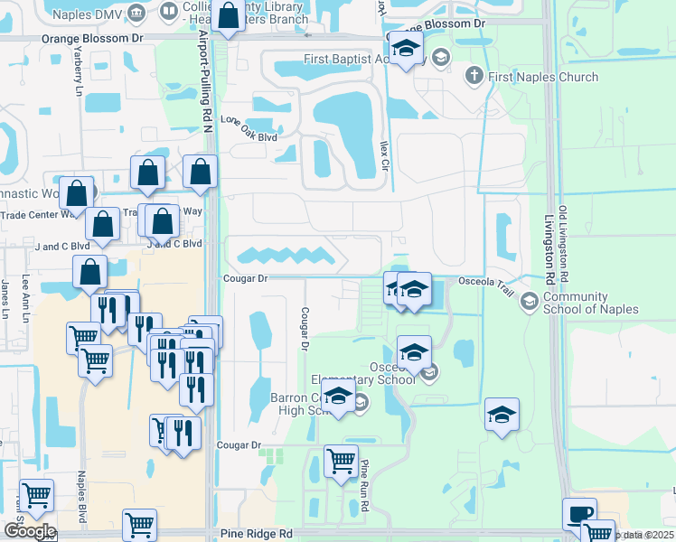 map of restaurants, bars, coffee shops, grocery stores, and more near 2710 Fountainview Circle in Naples