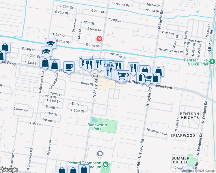 map of restaurants, bars, coffee shops, grocery stores, and more near 2500 East Griffin Parkway in Mission