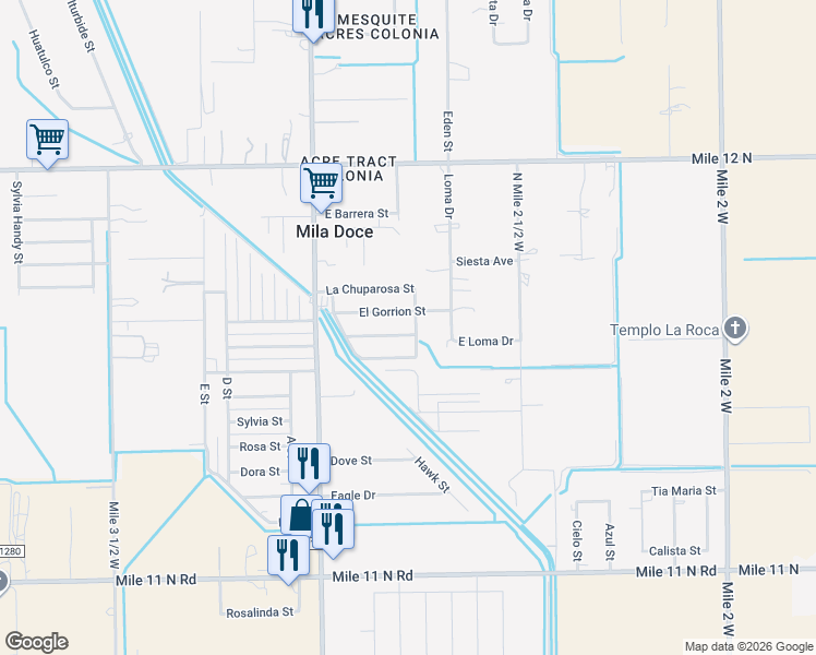 map of restaurants, bars, coffee shops, grocery stores, and more near 3717 La Godornis Street in Mercedes