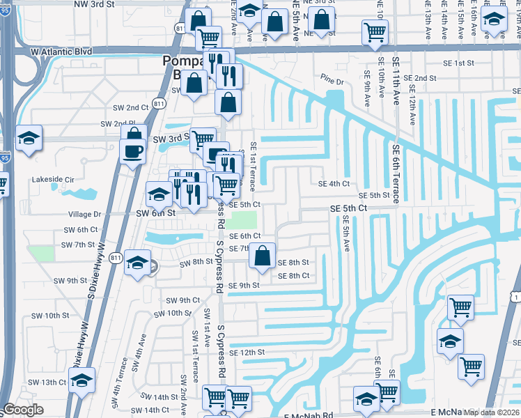 map of restaurants, bars, coffee shops, grocery stores, and more near 150 Southeast 5th Court in Pompano Beach