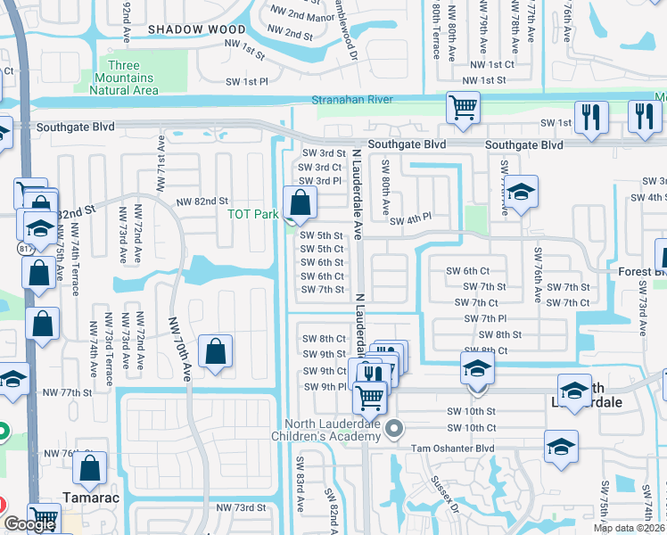 map of restaurants, bars, coffee shops, grocery stores, and more near 8150 Southwest 6th Street in North Lauderdale