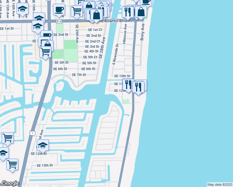 map of restaurants, bars, coffee shops, grocery stores, and more near 3208 Southeast 12th Street in Pompano Beach